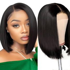 Bob Wigs Human Hair for Black Women 13x4 Ear to Ear Hd Transparent Lace Frontal Short Bob Wigs 180% Density Straight Brazilian Human Hair Wig Pre Plucked with Baby Hair Natural Color 10 Inch