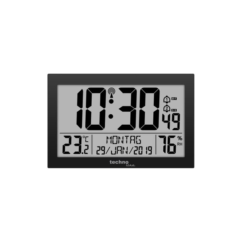 Technoline Dirgitale, modern radio wall clock in black, Acrylonitrile Butadiene