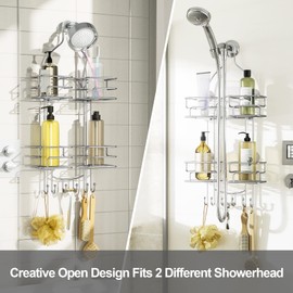 SRIWATANA Shower Caddy Organizer Hanging Over Head, Bathroom Shower Rack Hanger with Hooks for Razors - Chrome