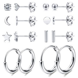 Milacolato 8 Pairs Sterling Silver Stud Earrings Set for Women Men 14K White Gold Plated Ball Dot Star Moon Bar CZ Stud Earrings Small Huggie Hoop Cartilage Earrings Sets for Multiple Piercing Hypoallergenic