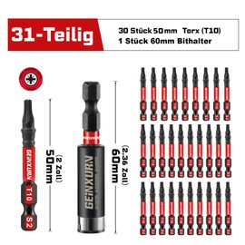 GEINXURN 30-Piece T10 Bit Set 50 mm Length #10 Torx 1/4 Inch Hex Shank Impact-Resistant Screwdriver Bit Set with 1 Piece 60 mm Magnetic Bit Holder, S2 Alloy Steel