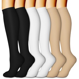 CHARMKING Compression Socks for Women & Men (6 Pairs) 15-20 mmHg is Best for Athletics, Running, Flight Travel, Support, 08 Black/White/Beige, Small-Medium