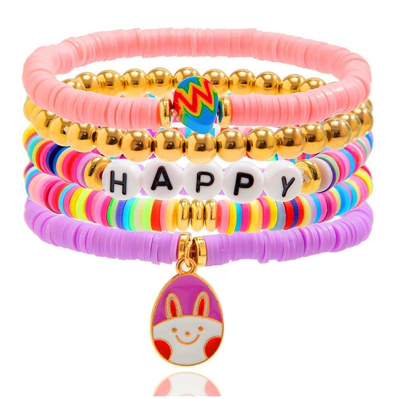 JEWEKY Easter Stackable Bracelets Set Gold Beaded Clay Bunny Stretch