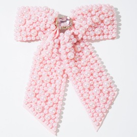 Large Pearl Rhinestone Hair Bow Clips- Full Sparkling Pearls with Crystal Stone Around Handmade Metal Barrettes Oversized Ribbons Butterfly Bride Hair Clips Accessories for Women Girls (Pink)