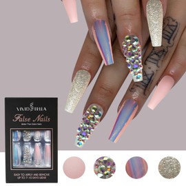 VIVID STELLA Coffin Nail Tips Gorgeous Chrome Glitter Nails Art Design Long Full Cover Ballerina Acrylic False Nails Crystal Girls Women