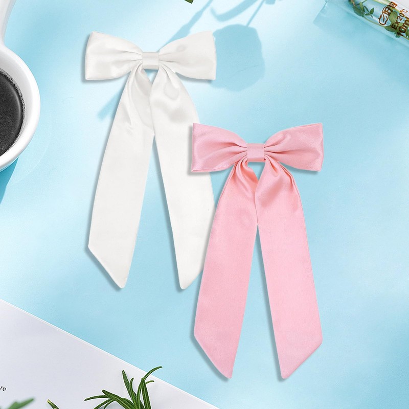 Pink & White Hair Bows - Long Tail Ponytail Clips