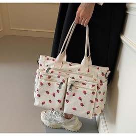 Clubleetips Women Cherry Print Tote Bag Cute Strawberry Corduroy Tote Bag with Multi Pockets Top-handle Crossbody Handbag (B-creamy white strawberry)