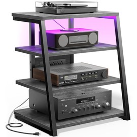 AV Media Stand with Outlets, Media Console with LED Lights, Stereo Racks and Stands with Storage Shelves, Media Audio Tower Stand, Light Grey Walnut
