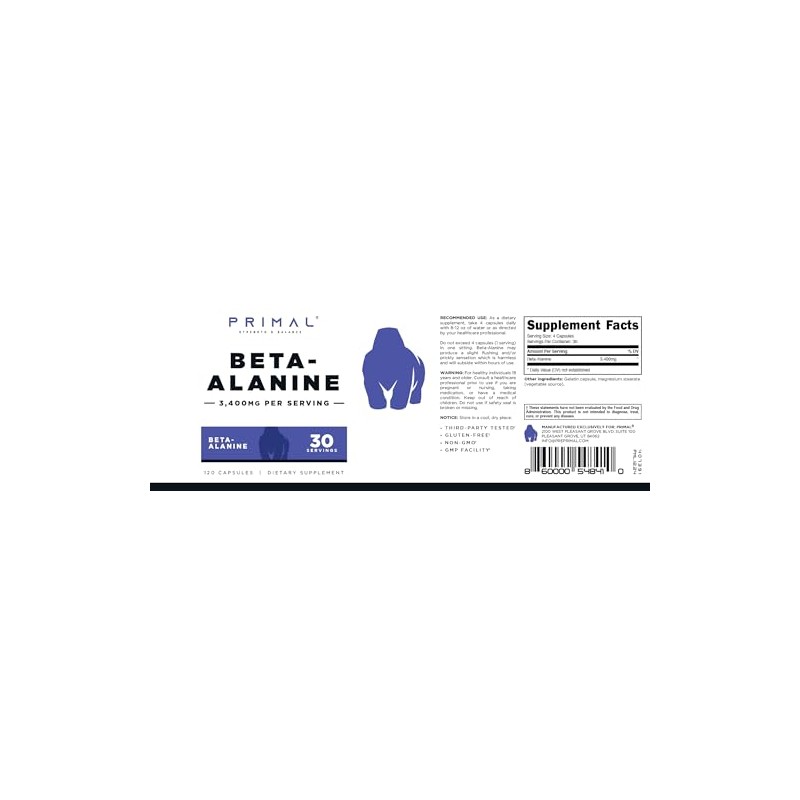 Primal- “Cápsulas de BetaAlanina 3400mg (30 Porciones, 120 Cápsulas) Suplemento,