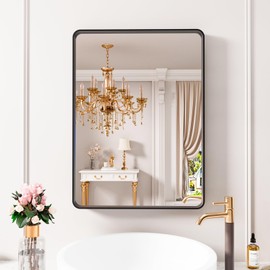 Black Bathroom Mirror, 22 x 29 Inch Wall Mounted Vanity Mirror with Rounded Corner Metal Framed, Tempered Glass, Anti-Rust, Horizontal/Vertical, Living Room