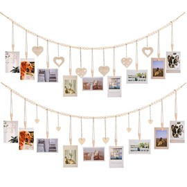 siawadeky Photo Garland, Wall Hanging, 2 Types, Photo Display, Wood Bead Photo Storage, Clip Included, Photo String, Photo Holder, Wooden Photo Garland, Photo Decoration, Background Wall Decor,