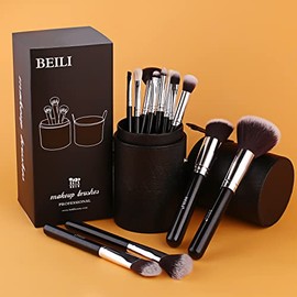 BEILI Brochas de maquillaje, 12 piezas, base de polvo sintético de alta • calidad, correctores de contorno de rubor, brochas de labios con soporte para brochas, paquete para regalo (negro)