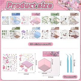 8 Sets DIY 3D House Stickers with 2 Tweezers,Cute DIY House Sticker Scene Make Your Own Mini Coffee Shop Bookstore,Cartoon Scene Stickers for Adult Kids Relief Stress Pass The Time