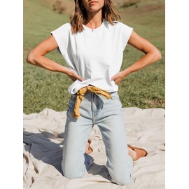 Tankaneo Women Short Cap Sleeve Tops Summer Casual Banded Sweatshirt Crew Neck Loose Fit T-Shirts White