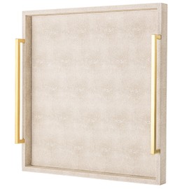 Large Ottoman Tray for Coffee Table,Square Shagreen Leather Decorative Tray with Gold Handles for Living Room Decor