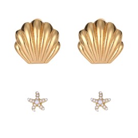 2 Pairs Gold Seashell Earrings and Gold Starfish Earrings for women, Beach Summer Chunky Gold Stud Earrings Vintage Boho Beach Vacation Jewelry Gifts