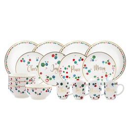 American Atelier Christmas Confetti 16 Piece Round Dinnerware Set, 10.5", Gold/Multicolor