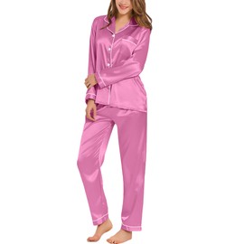 SWOMOG Womens Silk Satin Pajamas Set Long Sleeve Button Down Sleepwear 2 Piece Lounge Set - Pj Set XS-3XL Mauve Pink X-Small