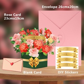MOTIBACK Pop Up Cards, Rose Flower Forever Bouquet 3D Greeting Card, Bouquet Ornamen Birthday Cards, Handwritten Thank You Card, Blank Envelope and Blessing Insert