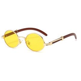 YAMEIZE Wooden Sunglasses for Men and Women Round Small Oval Retro Vintage Metal Frame Wooden Sunglasses UV400, Gold/Yellow