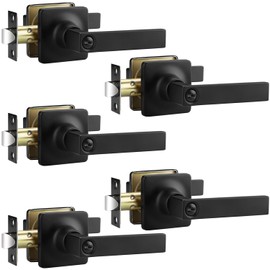 5 Pack Privacy Door Knob Black, Door Handles Interior with Lock, Bed and Bath Door Knobs, Indoor Door Lever Without Key, Matte Black Door Knob Square Design, Left/Right Doors Reversible