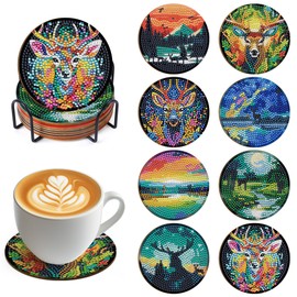 Sitsink Deer Diamond Painting Coasters - 8 Pcs Diamond Art Coasters Kit, DIY Cup Holder Art Diamond Painting Coasters, Forest Deer Diamond Painting Coasters, Art Drink Coasters with Holder