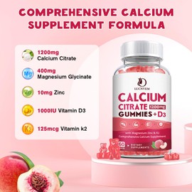Calcium Citrate 1200mg with Vitamin D3 Gummies, Calcium Gummies with Vitamin D3 for Women & Men, Calcium Magnesium Zinc for Bone Muscle Healthy- Natural White Peach Flavor- 30 Day Supply