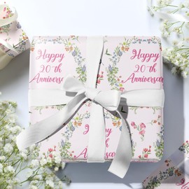 LeZakaa Anniversary Floral Wrapping Paper Roll, Happy 20th Anniversary, Pink Floral Wreath Gift Wrap for Wedding, Bridal Shower, Anniversary, Valentines Day, Party, Mini Roll, 17 inches x 16.4 Feet