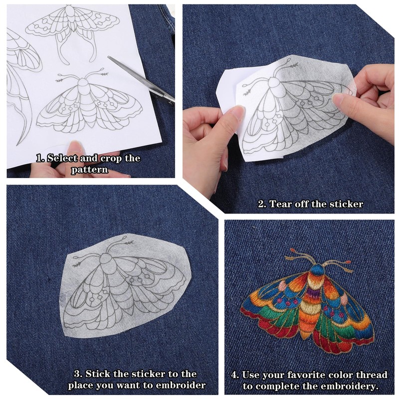 4 Sheets Stick and Stitch Embroidery Paper Patterns, Butterflies Stabilizer