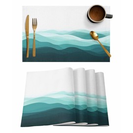 Futuregrace Placemats Set of 4, Minimalist Teal Green Gradient Wave Texture Non Slip Table Mats 13x19 in, Heat Insulation Dining Placemats for Wedding Party Kitchen Decor