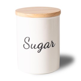 Magclay Ceramic Sugar Container With Lid, 19 Oz Small Jar, Food Storage Canister, White With Black Text