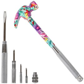 Home-X 6-in-1 Floral Hammer – Multifunctional Hammer with Screwdrivers Inside | Includes Slotted Flat Head, Phillips, Flat Head 2, and Hammer Cup | Portable Mini Hammer Tool (Pink)