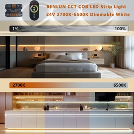 BENLUN 24V CCT COB LED Strip Lights Kit 65.6ft (2 Rolls of 32.8ft), 2700K-6500K Dimmable White Cuttable LED Tape Light CRI 93 with Remote Controller and Power Supply for Bedroom Indoor Decoration