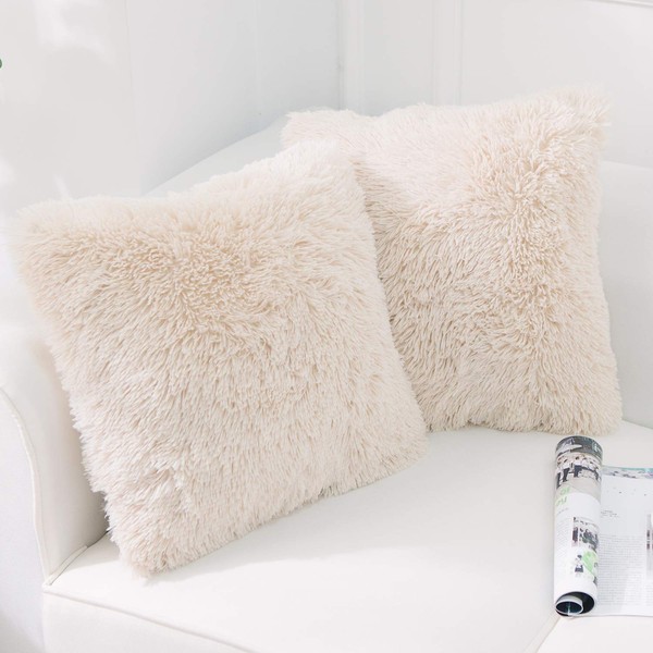 NordECO HOME Pack of 2 Faux Fur Cream Cushion Covers