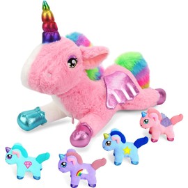 My First Stuffed Plush Playset Unicorn Toy Unicorn Mommy Stuffed with 4 Babies for Kids Boys Girls (pink-white)