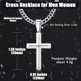Fansilver 925 Sterling Silver Cross Pendant Necklace Diamond-Cut Cuban Link Chain Necklace Highly Polished Beveled Edge Cross Chain Necklace Silver Cross Necklace for Men Women 24 Inches