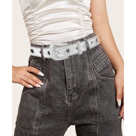 Mealah Glitter-Rhinestone-Western-Cowboy Belt for Women-Bling-Studded Belts With Silver Buckle for Jeans Fit for 27"-39"
