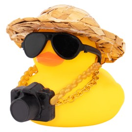 wonuu Car Decorations Rubber Ducks, Dashboard Rubber Ducky for Car Ornament Cute Duck with Straw Hat, Necklace, Mini Camera Black Glasses