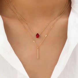 Andelaisi Boho Layered Faux Ruby Choker Necklace Vintage Bar Pendant Necklace Red CZ Waterdrop Chain Adjustable Vertical Bar Pendent Jewelry for Women