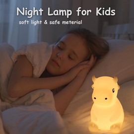 SMOORITA Night Light for Kids, Cute Night Lamp Bedroom Cow Nightlight for Baby Girl Boy Teem, Battery Powered Silicone Animal Night Lamp Christmas Birthday Gifts
