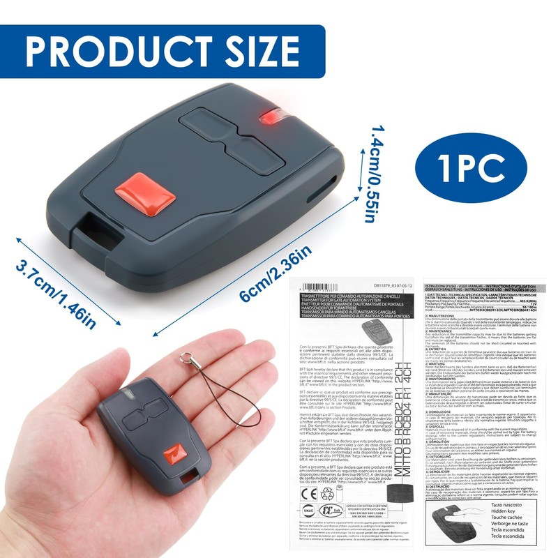 Garage Door Remote Control BFT 433.92 MHz, 2 Channels for