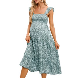 KOJOOIN Womens Maternity Dress Summer Sleeveless Smocked Square Neck Ruffle Casual Boho Midi Dress Baby Shower Photoshoot Green Floral L