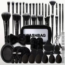 Set Profesional de Brochas de Maquillaje,Fibra Sintética Premium, Incluye 25 Brochas de Maquillaje, Esponja, Rizador de Pestañas, Neceser y Banda Limpiadora Facial (black)
