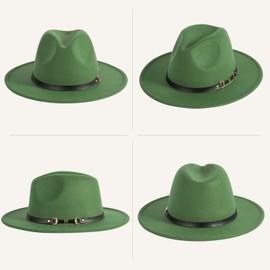 Verabella Wide Brim Felt Fedora Hat Men Women Belt Buckle Panama Jazz Hat Trilby Hat, Green S/M