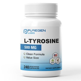 Puregen Labs L-Tyrosine 500 mg, 240 Vegetable Capsules | No Harmful Additives | Brain & Nervous System Support, Non-GMO, Vegan, Gluten Free, Dairy Free - 240 Servings - Made in USA