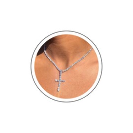 Inilbran Boho Rhinestone Tennis Choker Necklace Silver Crystal Cross Pendant Necklace Sparkly CZ Jesus Cross Necklace Choker Vintage Cross Crucifix Necklace Chain Jewellery for Women and Girls