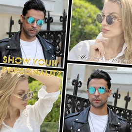 XFentech Unisex Sunglasses - Steampunk Style Round Vintage Polarised Sunglasses Retro Glasses UV400 Protection Metal Frame, B1 Gold Frame - Green Lenses