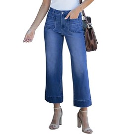 MIFOCAL Wide Leg Jeans for Women Trendy Mid Waisted Flare Jeans Cropped Denim Pants Stretchy Baggy with Patch Pockets