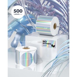 MUNBYN 2” Circle Holographic Thermal Label Stickers, Round Printable Rainbow Glitter Thermal Printer Sticker Labels for Christmas Gift Wrapping, Self-Adhesive Name Price Tag DIY Custom Logo Design