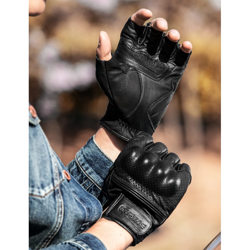 INBIKE Fingerless Motorcycle Gloves Summer Breathable Goatskin Leather Wear Resistant
